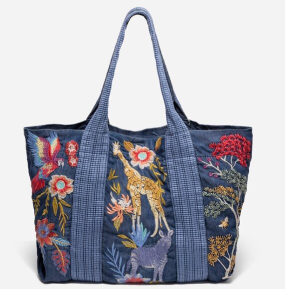 Johnny Was Jane Shopper Tote Embroidered Handbag Flowers Giraffe Elephant NWT - Picture 1 of 4